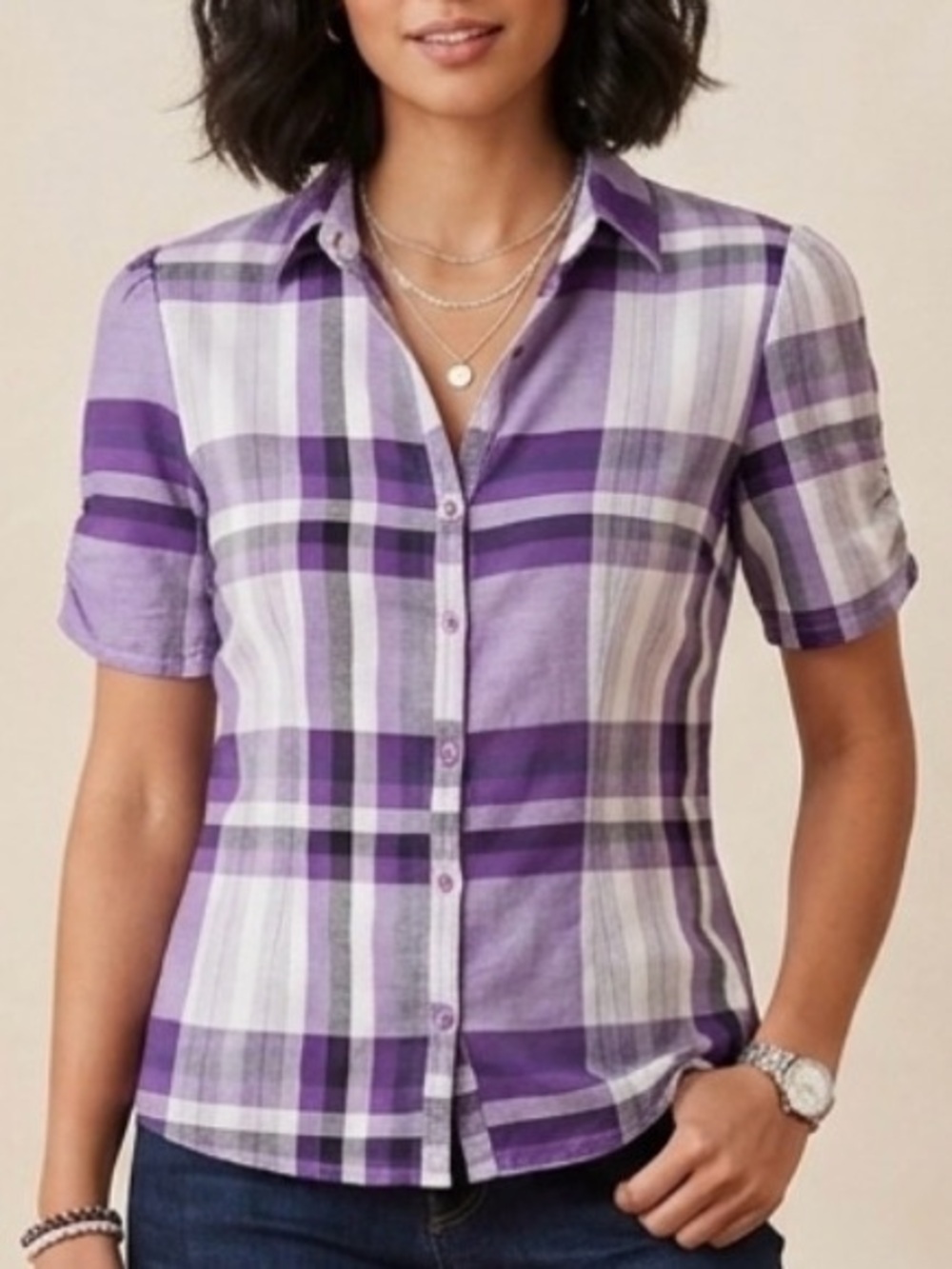 Sherry Taylor Checked Plaid Button Up Top L Classic
